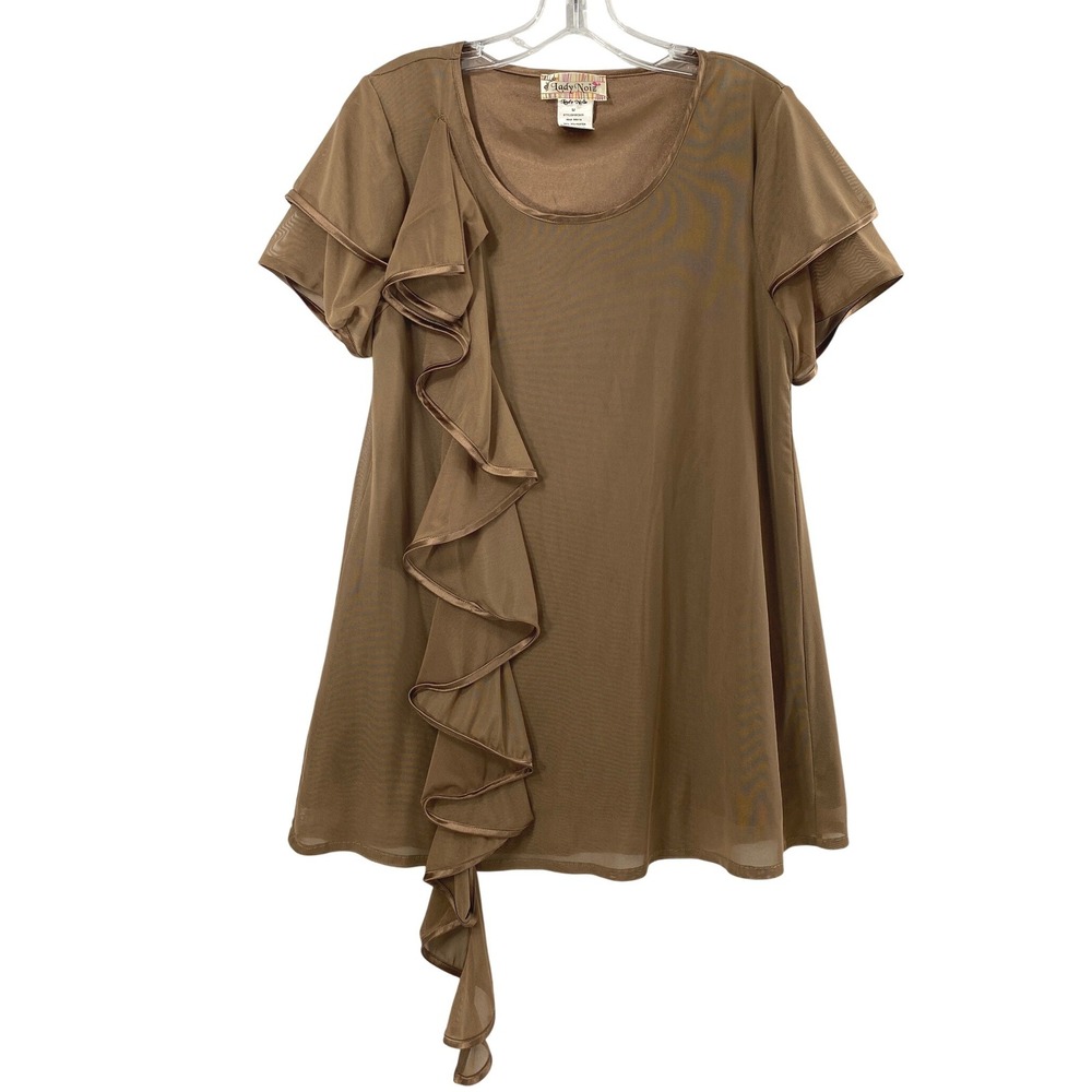 Lady Noiz Top Women Medium Brown Mesh Ruffle Satin Trim Fairy Romantic Feminine